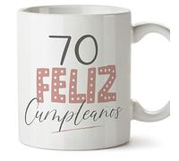 MUGFFINS Tazas 70 Cumpleaños - En Español - ¡Feliz Cumpleaños! Rosa - 11 oz / 330 ml - Regalo original y divertido