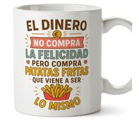 MUGFFINS tazas originales para regalar | tazas divertidas para regalar con frase El dinero no compra la felicidad pero compra patatas fritas en Español | humor, graciosas | comida v1