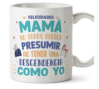 MUGFFINS Tazas para MADRE/MAMÁ - En Español - Felicidades mamá descendencia - 11 oz / 330 ml - Regalo original y divertido