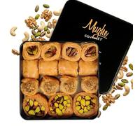Mughe Gourmet Caja de Baklava Turco Premium, 250g Surtido de Dulces Artesanales (4 Sabores) en Lata Metálica Elegante