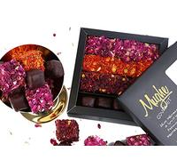 Mughe Gourmet: Estuche de Regalo de Delicias Turcas de Lujo - 360g - 4 Variedades: Chocolate Negro, Rosa, Azafrán, Zereshk con Sabor a Granada - Dulces Lokum - Perfecto para Días Especiales