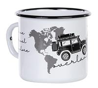 MUGSY I Emaille Taza Drive Travel Explore Overlander, diseño offroad y mapa del mundo, blanco, taza para exteriores con texto I 330 ml