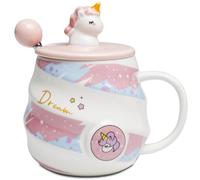 Mugtide Taza de Cerámica 3D con Motivo de Unicornio, Taza de Café de Unicornio Hecha a Mano, Incluye Tapa y Cuchara, Regalo para Familiares y Amigos, 480ML (Rosa)