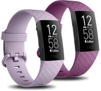 Mugust Paquete de 2 correas de repuesto compatibles con Fitbit Charge 3 / Fitbit Charge 4, correa de reloj deportivo suave para mujeres y hombres, pequeña y grande, violeta/morado, S 5.5" - 7.1"