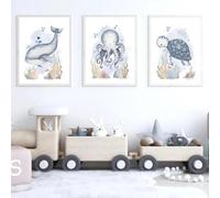 Muholin carteles con impresiones de ballenas,pulpos,tortugas y caballitos de mar,animales del océano,lienzo,arte de pared,decoración del hogar,habitación de bebés y niños. 21x30cmx3 sin marco