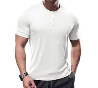 Muhshoiy Camiseta De para Hombre Camisetas De Cuello Redondo Camiseta De Manga Corta Y Larga con Canalé Muscular Ajuste Henley T-Shirt/Blanco/L