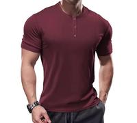 Muhshoiy Camiseta De para Hombre Camisetas De Cuello Redondo Camiseta De Manga Corta Y Larga con Canalé Muscular Ajuste Henley T-Shirt/Rojo/S