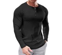 Muhshoiy Camiseta De para Hombre Camisetas De Cuello Redondo Camiseta De Manga Corta Y Larga con Canalé Muscular Ajuste Henley T-Shirt/Negro/XL