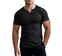 Muhshoiy Hombres Ajustado Manga Corta Henley Camiseta Casual Cuello Pico Camisetas Basic Músculo T-Shirt Color Sólido Camiseta con Estilo De Negocios Top Negro/M