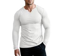 Muhshoiy Hombres Ajustado Manga Larga Henley Camiseta Casual Cuello Pico Camisetas Basic Músculo T-Shirt Color Sólido Camiseta con Estilo De Negocios Top Blanco/L