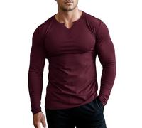 Muhshoiy Hombres Ajustado Manga Larga Henley Camiseta Casual Cuello Pico Camisetas Basic Músculo T-Shirt Color Sólido Camiseta con Estilo De Negocios Top Rojo/XL