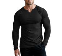 Muhshoiy Hombres Ajustado Manga Larga Henley Camiseta Casual Cuello Pico Camisetas Basic Músculo T-Shirt Color Sólido Camiseta con Estilo De Negocios Top Negro/M