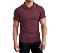 Muhshoiy Polo para Hombre Manga Corta Corte Entallado Ribbed T-Shirt Básico Golf Tennis Poloshirt Elástico Color Sólido Camiseta Top Rojo/M