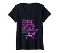 Mujer 1 Juan 5:4 Fe vencida Nacido de Dios versículo bíblico Escritura Camiseta Cuello V