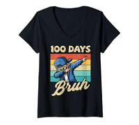 Mujer 100 Days of School Brush Boy Dab Retro 100th Day para niños Camiseta Cuello V