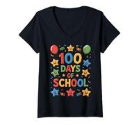 Mujer 100 Days of School Celebration Stars Kids Classroom Camiseta Cuello V