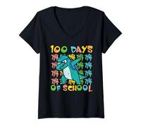Mujer 100 Days of School Dino Dab 100th Day Trex Niños Camiseta Cuello V