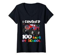 Mujer 100 Days of School Monster Truck 100th Day Niños Niños Camiseta Cuello V