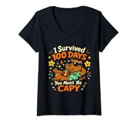 Mujer 100 Days You Must Be Capy, Lindo Chico de Escuela con Forma de carpincho Leopardo Camiseta Cuello V