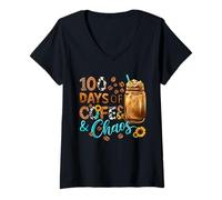 Mujer 100 días de café y Caos, Vida Divertida y ocupada del Maestro de Escuela Camiseta Cuello V