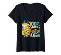 Mujer 100 días de café y Caos, Vida Divertida y ocupada del Maestro de Escuela Camiseta Cuello V