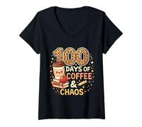 Mujer 100 días de café y Caos, Vida Divertida y ocupada del Maestro de Escuela Camiseta Cuello V