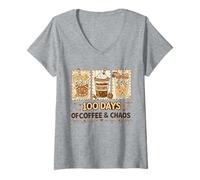 Mujer 100 días de café y Caos, Vida Divertida y ocupada del Maestro de Escuela Camiseta Cuello V