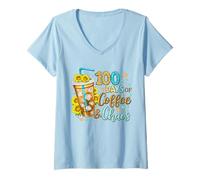 Mujer 100 días de café y Caos, Vida Divertida y ocupada del Maestro de Escuela Camiseta Cuello V