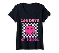 Mujer 100 días de Escuela Happy Face Peace Vintage 100th Day Kids Camiseta Cuello V