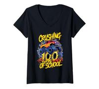 Mujer 100 días de Escuela Smarter Monster Truck Kids Boy 100th Day Camiseta Cuello V