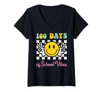 Mujer 100 Días De Escuela Vibes Paz 100th Day Groovy Women Camiseta Cuello V