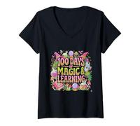 Mujer 100 Días de Magia y Aprendizaje 100th Day School Teacher Kids Camiseta Cuello V