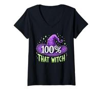 Mujer 100% Que Bruja Disfraz de Halloween para Mujeres Brujas Camiseta Cuello V