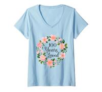 Mujer 100 Years Loved Floral 100th Birthday Design for Mom Grandma Camiseta Cuello V