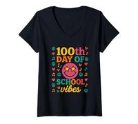 Mujer 100th Day of School Vibes Retro Groovy Star Eyes Fiesta Camiseta Cuello V
