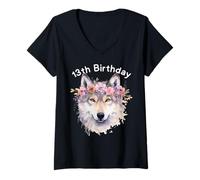 Mujer 13 Cumpleaños Niña Lobo Impresión Moda Animales Frescos 13 Años Camiseta Cuello V