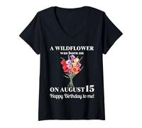 Mujer 15 de agosto Nacimiento Flor Gladiolo Y Amapola Cumpleaños de agosto Camiseta Cuello V