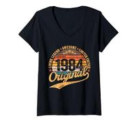 Mujer 1984 Vintage Cumpleaños Retro Gráfico Diseño Desgastado Camiseta Cuello V