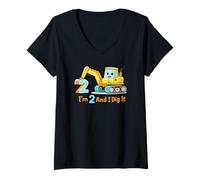 Mujer 2º cumpleaños niño Excavadora excavando diversión celebración Infantil Camiseta Cuello V