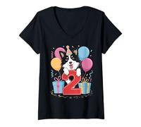 Mujer 2º cumpleaños niño niña 2 años dos Border Collie Camiseta Cuello V