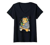 Mujer 20 Auriculares Retro Oso Lindo Juego de Peluche Gamer Camiseta Cuello V
