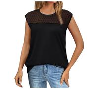 Mujer 2024 Verano Encaje Felpa Empalmado Punto Sólido Cuello Redondo Suelto Top Camiseta Top Atrás Con Cordones, Negro , L