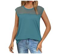 Mujer 2024 Verano Encaje Felpa Empalmado Punto Sólido Cuello Redondo Suelto Top Camiseta Top Atrás Con Cordones, azul celeste, S