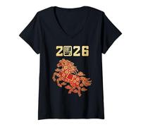 Mujer 2026 Año Nuevo Chino del Caballo Zodíaco Lunar Vintage Camiseta Cuello V