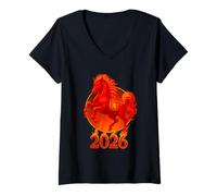 Mujer 2026 Year of The Fire Horse Chinese New Year Lunar Zodiac Camiseta Cuello V