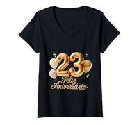 Mujer 23 Feliz Aniversario Portugal Feliz Cumpleaños Portugués Camiseta Cuello V