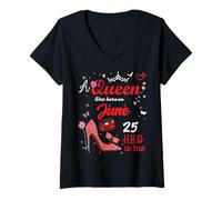 Mujer 25 de Junio Cumpleaños Esta Reina Nació el 25 de Junio Camiseta Cuello V