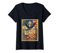 Mujer 250 Years of Blessings Christian One Nation Postage Bandera de Estados Unidos Camiseta Cuello V