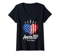 Mujer 250th Anniversary 250 Years America USA Flag Heart Jets Camiseta Cuello V