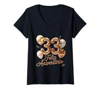 Mujer 33 Feliz Cumpleaños Portugal Feliz Cumpleaños Portugués Camiseta Cuello V